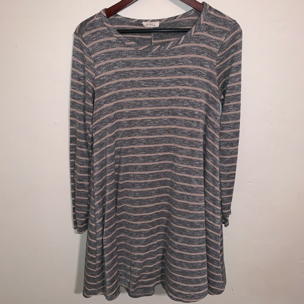 Pinc Knit Swing Dress with Long Sleeves and Horizontal Stripes